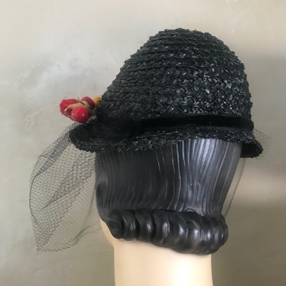 CHARISMATIC 1930s\' BLACK STRAW TOQUE WITH IMITATION CHERRIES, FLOWERS & VEIL main image 12
